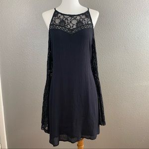Malibu Sky lace bell sleeves black boho mini dress